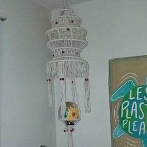 Handcrafted Macramé Hanging Light with Red Accents